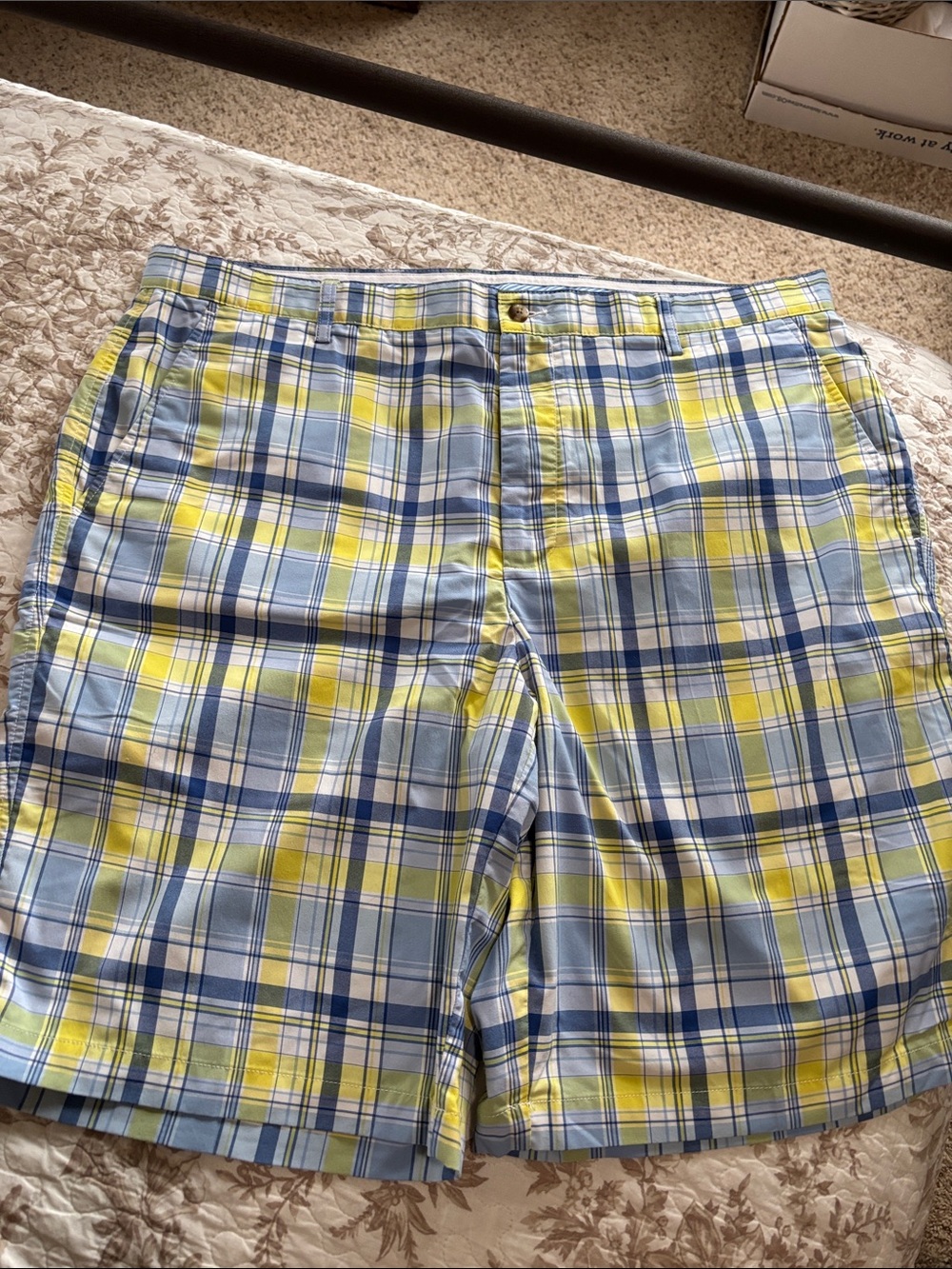 FootJoy Light Blue, Yellow and White Plaid Flat Front Shorts